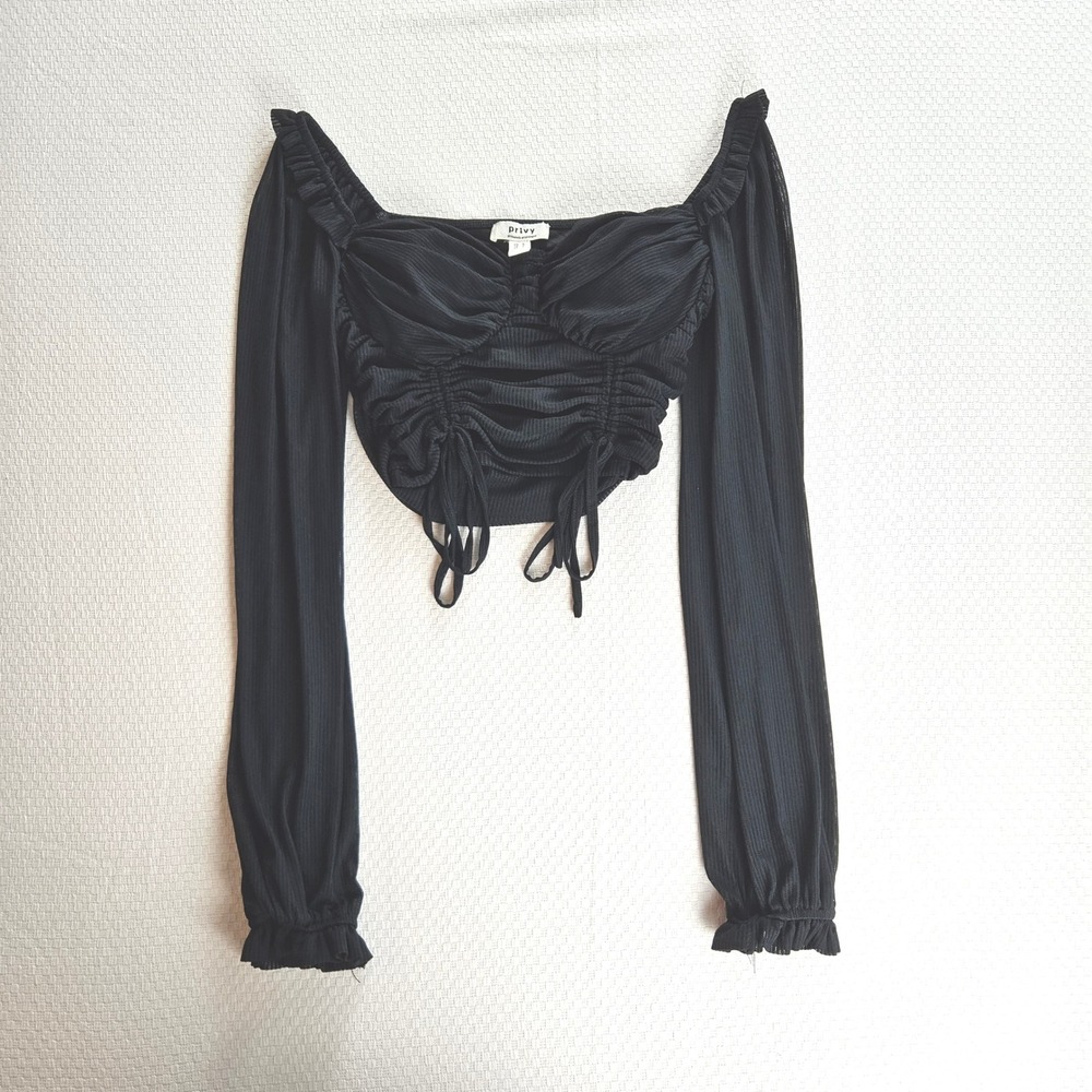 Black Ruched Long Sleeve Corset Bustier Bra Crop Top Small Fairy Whimsigoth